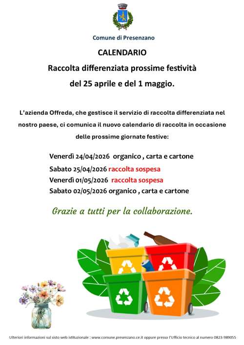 Calendario raccolta differenziata festivit� 25 aprile e 1 maggio